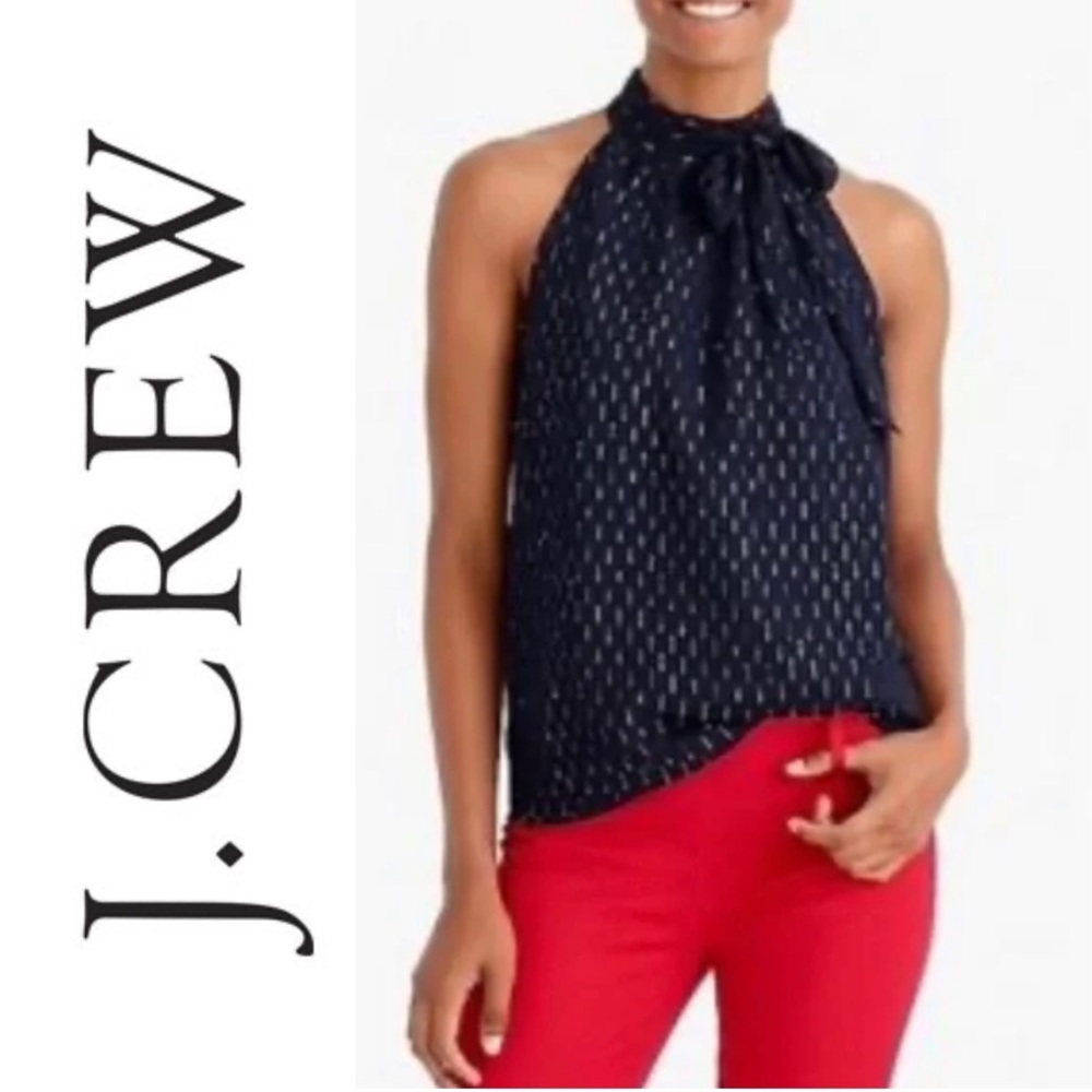 J. Crew tie-back halter top with gold details in dark navy